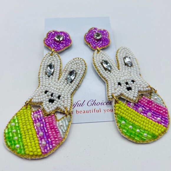 Easter Earrings, Easter Bunny, Seed Bead Easter Earrings, Hand Beaded Earrings - Picture 1 of 3